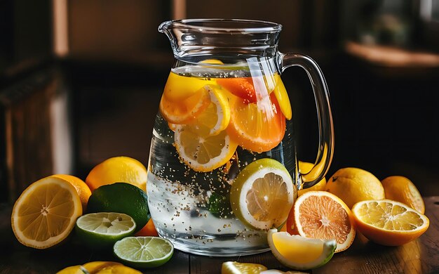 Gezond en heerlijk detox water gemaakt van citroenen en sinaasappels naast gesneden fruit op donkere vintage houten achtergrond