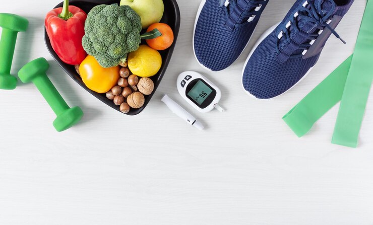 Foto gezond eten en sportplan voor diabetespatiënten diabetes concept achtergrond