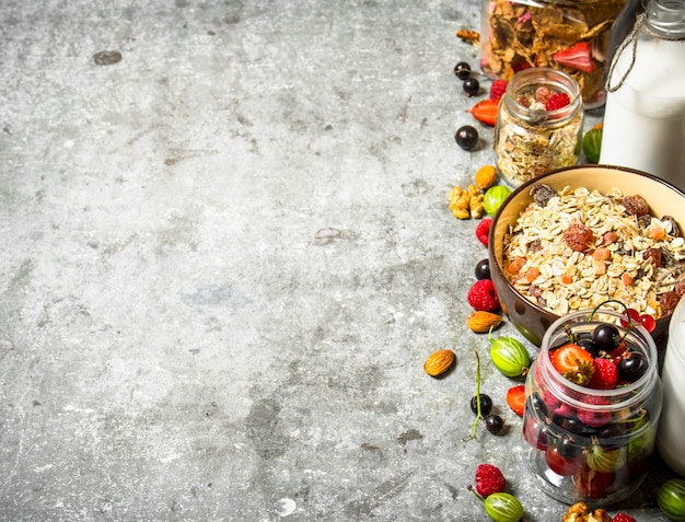 Gezond eten. Muesli met bosbessen. Op de stenen tafel.