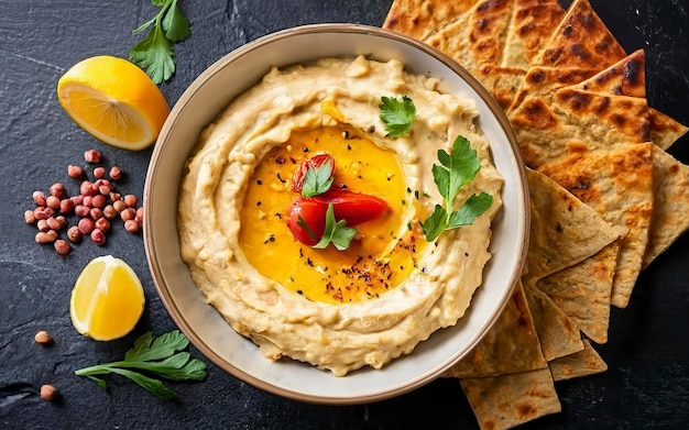 Foto gezond eten traditionele vers gemaakte biologische hummus chickpea gerechten heerlijke hummus