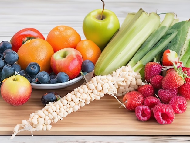 Gezond eten van vers biologisch fruit en groenten snack op houten tafel