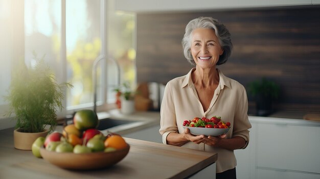 Gezond eten Volwassen vrouw met een bord tomatensalade