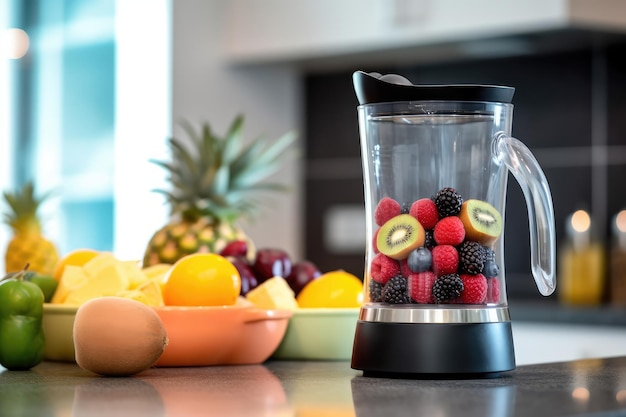 gezond fruit in de buurt van blender in professionele keukenfotografie in de moderne keuken