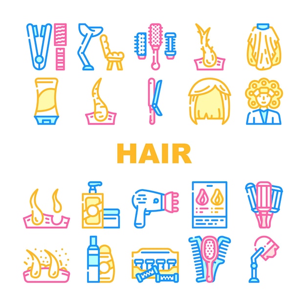 Gezond Haar Behandeling Collectie Iconen Set Vector Briefpapier Haardroger En Roos Shampoo En Balsem Voor Haar Thermo Krulspelden En Pruik Concept Lineaire Pictogrammen Contour Kleur Illustraties