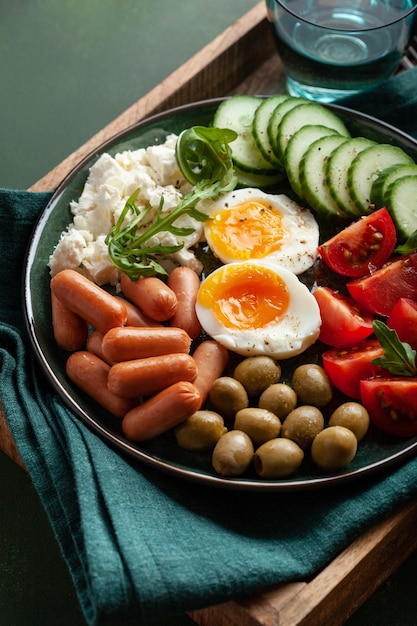 Gezond keto dieet ontbijt lunch ei feta kaas tomaat worst olijf