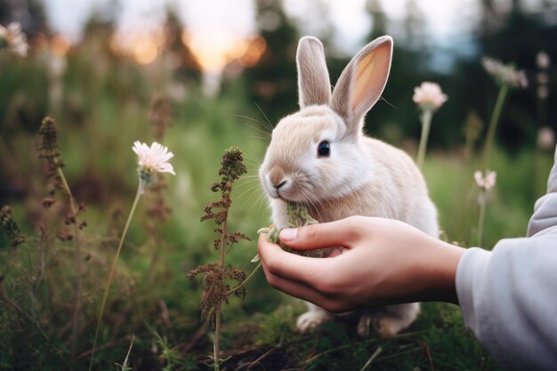 Foto gezond konijnendieet, handvoeding met gras