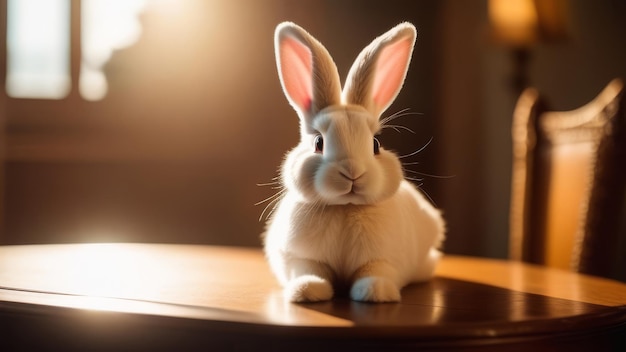 Foto gezond leuk pluizig konijn thuis aardelijk konijnje in de zon cinematische verlichting