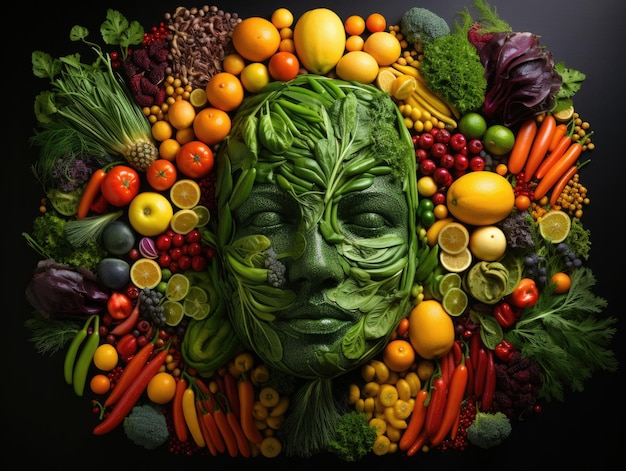 Gezond levensstijlkeuzeconcept Verse groene groenten en fruit in de vorm van een menselijk hoofdgezicht als symb