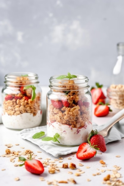Gezond ontbijt Havermout Muesli met yoghurt Illustratie AI GenerativexA