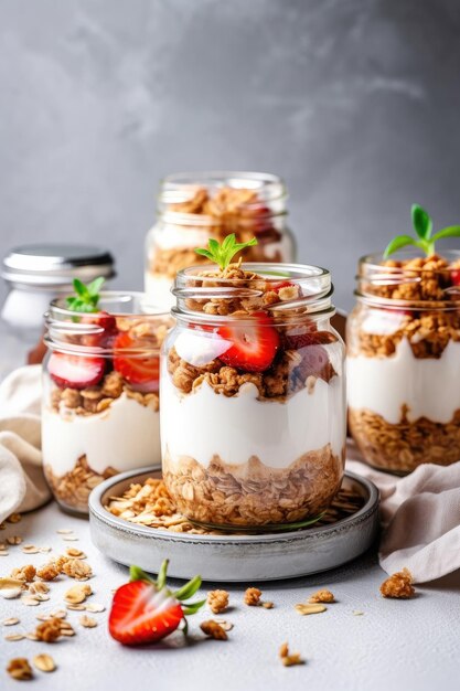 Gezond ontbijt Havermout Muesli met yoghurt Illustratie AI GenerativexA