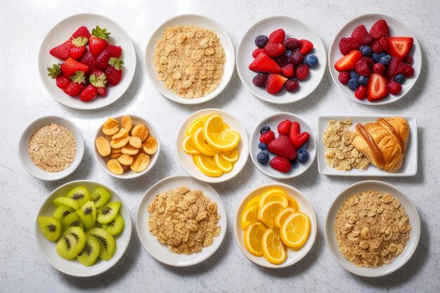 Gezond ontbijt Levendige foto van een tafel vol vers fruit havermout en gezonde croissants