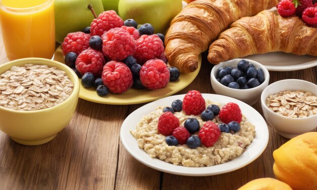 Foto gezond ontbijt levendige foto van tafel vol vers fruit havermout en gezonde croissants