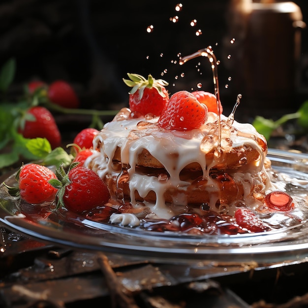 Gezond ontbijt met aardbeienparfaits gemaakt met verse fruityoghurt en muesli op een rustieke achtergrond