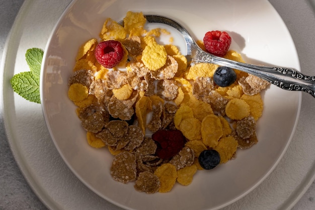 Gezond ontbijt met cornflakes, bessen en melk op witte achtergrond. bovenaanzicht