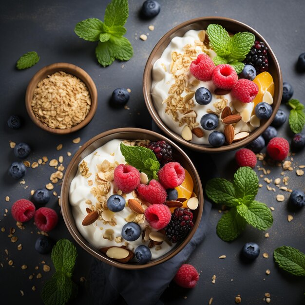 Foto gezond ontbijt met een kom granola yoghurt en verse bessen