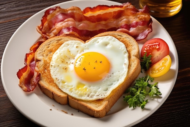 Gezond ontbijt met eieren, harten, spek en toast op een houten achtergrond.