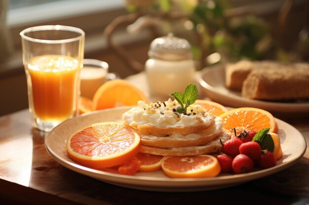 Gezond ontbijt met fruit gebak en drank op een houten tafel