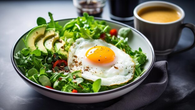 Gezond ontbijt met gebakken ei-avocado en rucolasalade