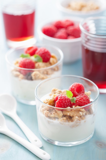 Gezond ontbijt met yoghurtgranola en framboos