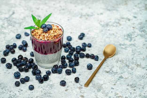 Gezond ontbijt of ochtendsnack met chiazaadpudding, granola, muesli en bosbessen