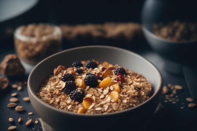 Gezond ontbijt Verse granola muesli met yoghurt en bessen op de achtergrond Kopieer ruimte