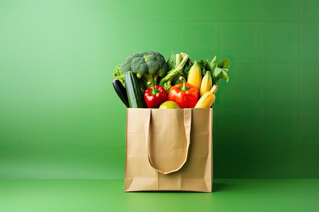 Gezond veganistisch en vegetarisch eten in een papieren zak met groenten en fruit op een groene achtergrond