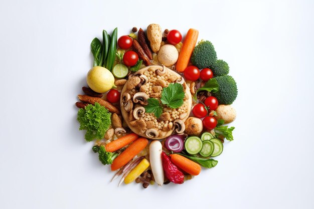 Gezond veganistisch eten Verse groenten op houten achtergrond Detox dieet Verschillende groenten en fruit Begeleid door korrels rijst Witte achtergrond