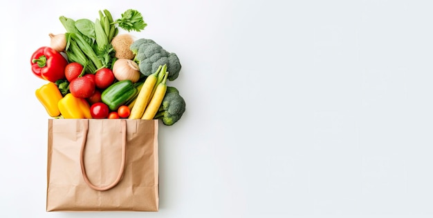 Gezond voedsel in papieren zakken groenten en fruit op witte achtergrond