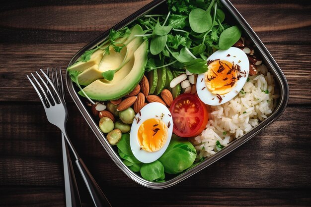 Foto gezond voedselconcept lunchbox met rijst gemengde groenten gekookte eieren noten en vork op tafel nutrit