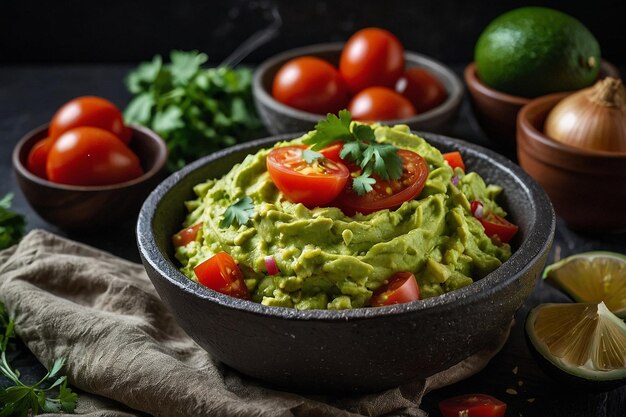 Foto gezonde avocado guacamole met tomaten en onio