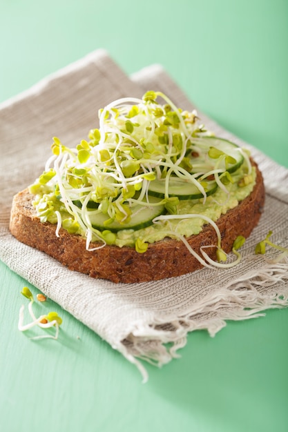 Gezonde avocadotoost met de spruiten van komkommerradijs