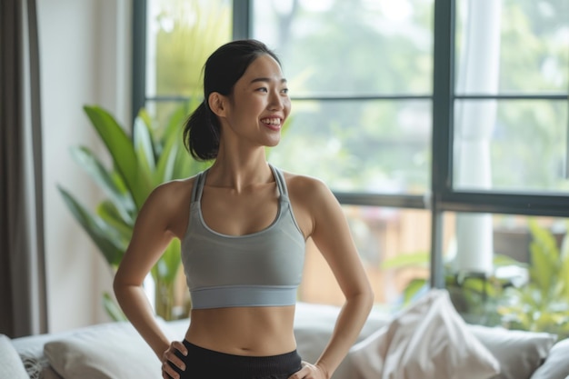 Gezonde Aziatische sportieve vrouw die sportkleding draagt en met geluk glimlacht