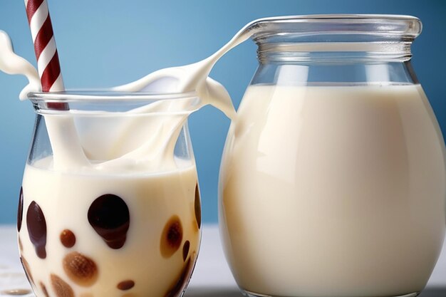 Foto gezonde biologische drinkbare yoghurt kefir in een glas close-up op een vol glas