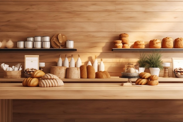 Gezonde biologische supermarkt met een milieuvriendelijk interieur, houten parketvloer en een assortiment veganistische broodbroodjes en snacks op de planken en interieurontwerp Ai Generative