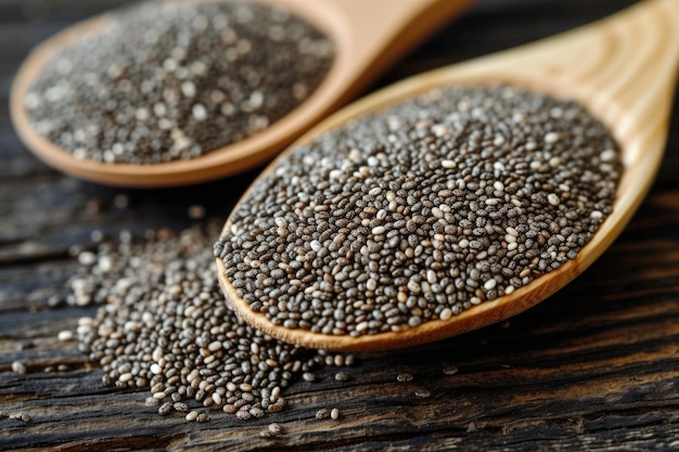 Gezonde chia-zaadjes in een houten lepel op de tafel, dicht horizontaal