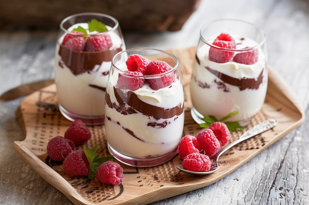 Gezonde chocolade en yoghurt gelaagde dessert met framboos