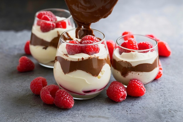 Gezonde chocolade en yoghurt gelaagde dessert met framboos