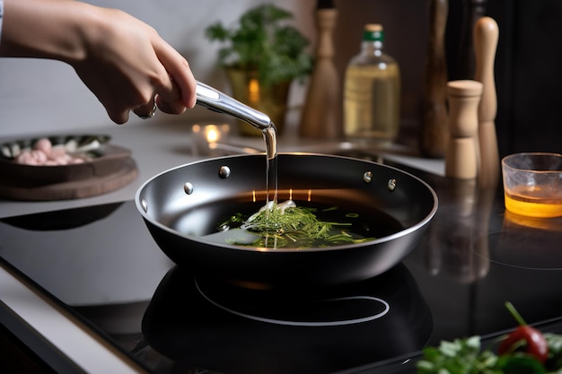 Gezonde culinaire verrassing Foto van een persoon die met kokosolie kookt in een moderne keuken