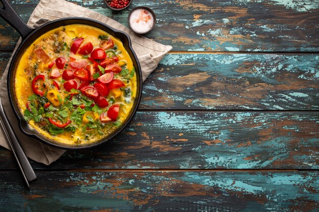 Gezonde frittata in gietijzeren pan met gebakken losgeklopte eieren en seizoensgroenten op rustieke houten achtergrond. Italiaanse omelet met biologische spinazie, paprika, tomaten, bovenaanzicht, kopieerruimte