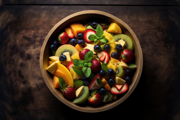 Gezonde fruitsalade in een kom op een houten achtergrond die omhoog kijkt