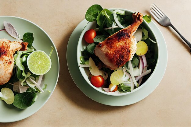 Foto gezonde gebakken kip en groene salade een perfecte schone eten combo generatieve ai