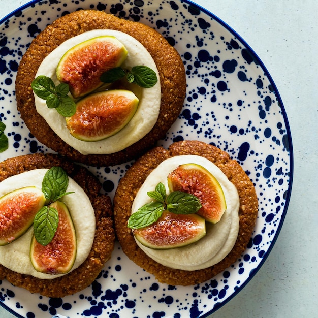 Gezonde glutenvrije veganistische taarten met sesamkoekjesbasis en cashewroom met verse vijgen gezonde keuken