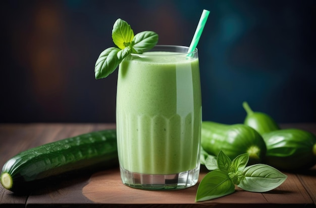 Gezonde groene komkommer smoothie munt en basilicum dieet smoothie voor gewichtsverlies gezond eten en voeding biologische producten ontgiftende groene smoothie