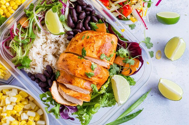 Gezonde groene Mexicaanse geïnspireerde maaltijd voorbereiding met kip rijst bonen maïs salade