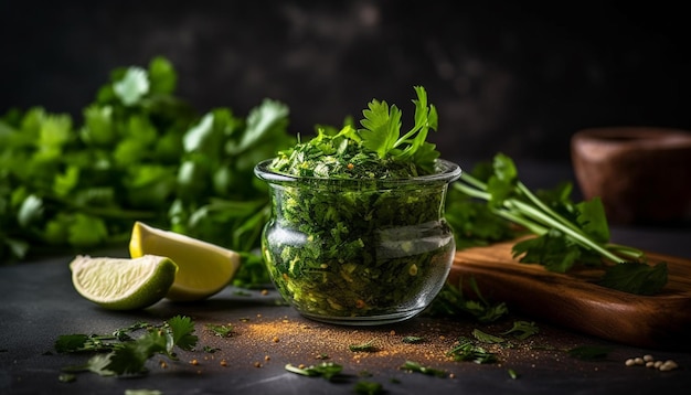 Gezonde groene salade met biologische kruiden en specerijen gegenereerd door AI