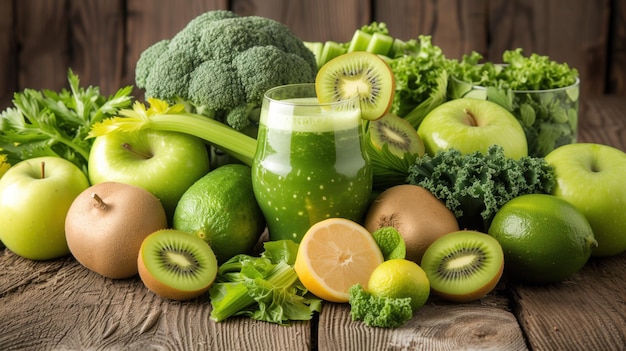 Gezonde groene smoothie met boerenkool, appels, kiwi en limoen.