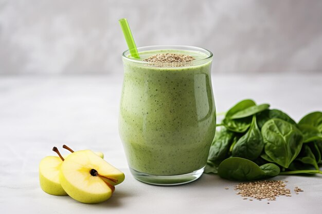 Gezonde groene smoothie met spinazie, appel en chiazaad Een gezonde groene Smoothie met chiazaad, spinazie en appel wordt gepresenteerd op een lichte achtergrond.