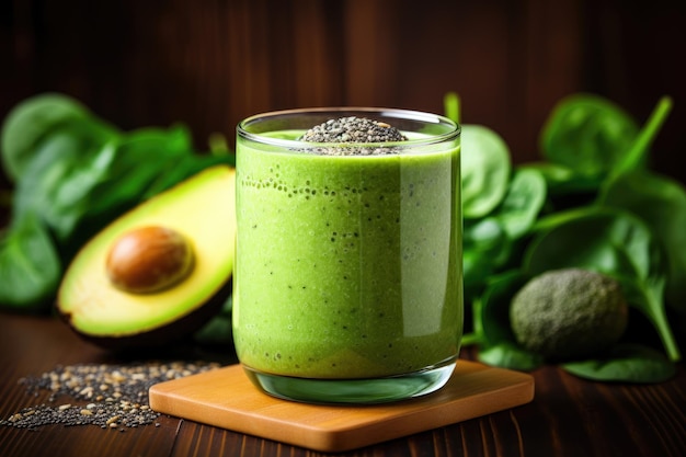 Gezonde groene smoothie met spinazie, avocado en chiazaad Een gezonde groene Smoothie met chiazaad, spinazie en appel wordt gepresenteerd op een lichte achtergrond.