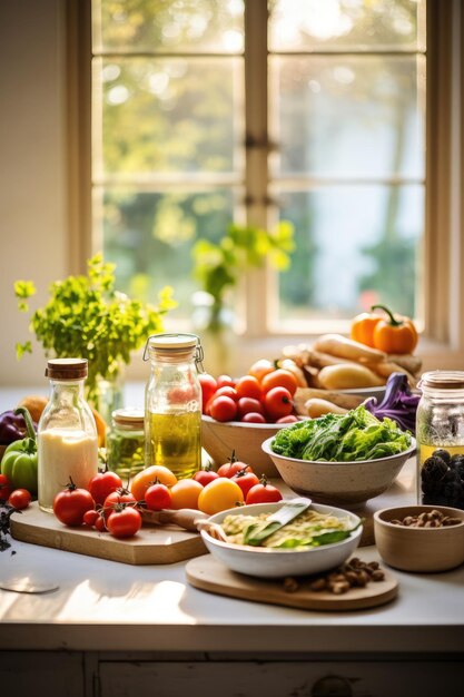 Gezonde groente salade van vers fruit groene spinazie sla en sesam op het bord dieet menu AI Gen