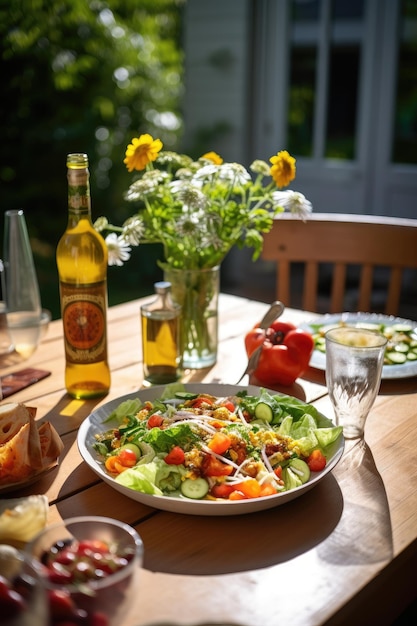 Gezonde groente salade van verse tomaten groene spinazie sla op bord buiten dieet menu AI Gen